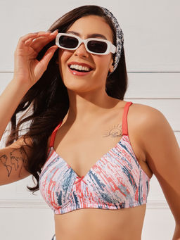 Clovia - Pink Cotton Padded Non-Wired Full Coverage Abstract Print Multiway T-Shirt Bra