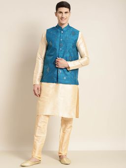 SOJANYA - Men Silk Blend Gold Kurta & Churidar Pyjama with Mirror Work Nehru Jacket (Set of 3)