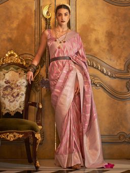 Akhilam - Women's Silk Blend Pink Woven Designer Saree with Unstitched Blouse
