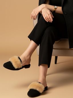 Carlton London - Womens Faux Suede Mules with Faux Fur Trim Black