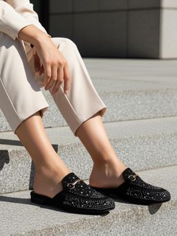 Carlton London - Womens Studded Faux Suede Mules with Metallic Bit Detail Black