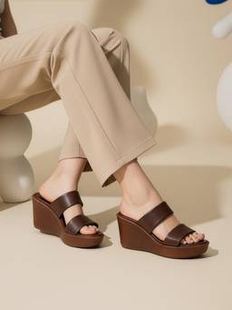 Carlton London - Womens Double-Strap Wedge Heel Slip-On Slide Sandals Brown