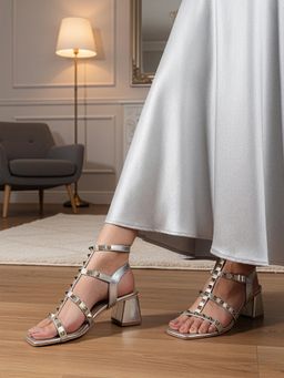 Carlton London - Women Metallic Gold Studded Block Sandal Heels with Ankle Strap Silver