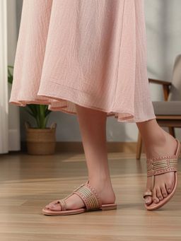 Carlton London - Womens Ethnic Toe-Ring Flat with Gold Braid and Cut-Outs Peach