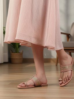 Carlton London - Womens Dual-Strap Woven Metallic Knot Flats Peach