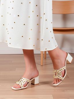 Carlton London - Womens Studded Multi-Strap Block Sandal Heels with Pyramid Hardware White