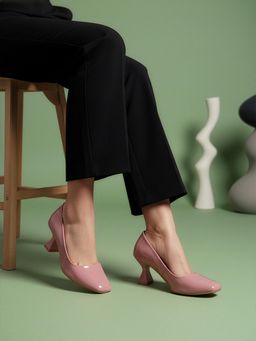 ELLE - Womens Glossy Square-Toe Kitten Heels Slip-On Pump Peach