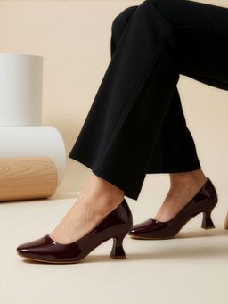 ELLE - Womens Glossy Square-Toe Kitten Heels Slip-On Pump Wine