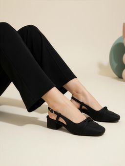 ELLE - Womens Square-Toe Slingback Sandal Heels with Buckle Detail Black