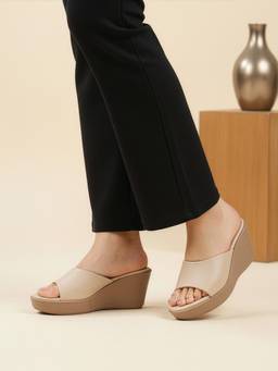 ELLE - Womens Single-Strap Wedge Heel Slip-On Slide Beige