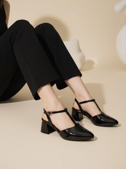 Iconics - Women T-Strap Block Sandal Heels with Adjustable Ankle Buckle Black