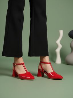 Iconics - Women T-Strap Block Sandal Heels with Adjustable Ankle Buckle Red