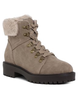 London Rag - Womens Faux Fur Collar Ankle Boots Taupe