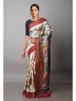 Unnati Silks - Beige Pure Handloom Bengal Tusshar Kalamkari Printed Silk Saree with Unstitched Blouse