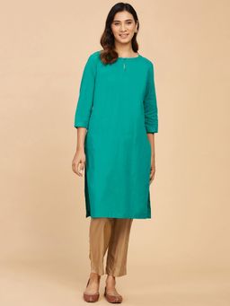 Fabindia - Turquoise Cotton Straight Knee Length Kurta