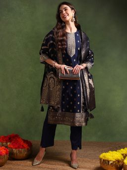 Vaamsi - Women Navy Blue Chanderi Woven Design Kurta Pant with Dupatta (Set of 3)