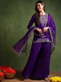 Vaamsi - Women Purple Silk Blend Embroidered Kurta Palazzo with Dupatta (Set of 3)