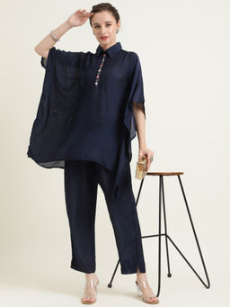 Zari Jaipur - Women Navy Blue Silk Blend Solid Top