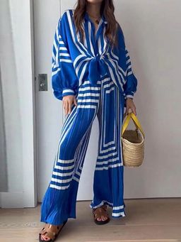 MISS MOSA BY AKANKSHA - Women Blue Polyester Satin Stripes Relaxed Fit Co-Ord Set