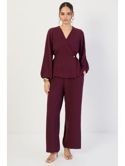 Femmella - Women Wine Polyester Solid Regular Fit Co-Ord Set