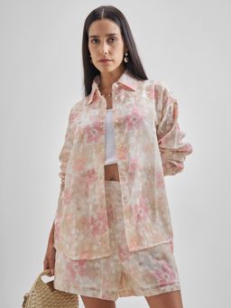 TOKYO TALKIES - Women Pink Polyester Embroidered Relaxed Fit Shirt with Shorts