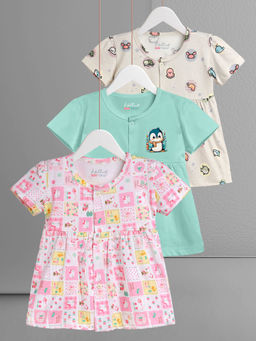 HELLCAT - Multi-Color 100% Cotton Baby Frock Dress for Girls (Pack of 3)