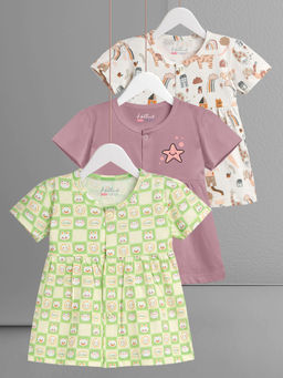 HELLCAT - Multi-Color 100% Cotton Baby Frock Dress for Girls (Pack of 3)