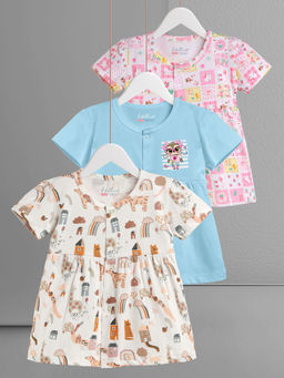HELLCAT - Multi-Color 100% Cotton Baby Frock Dress for Girls (Pack of 3)