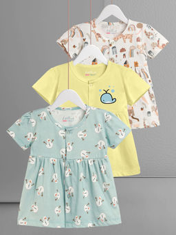 HELLCAT - Multi-Color 100% Cotton Baby Frock Dress for Girls (Pack of 3)