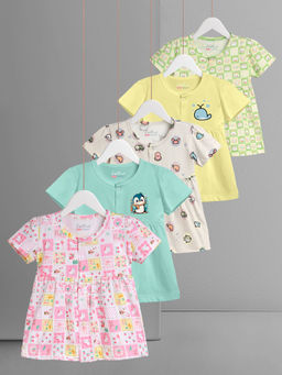 HELLCAT - Multi-Color 100% Cotton Baby Frock Dress for Girls (Pack of 5)