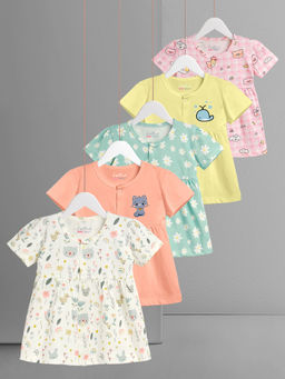 HELLCAT - Multi-Color 100% Cotton Baby Frock Dress for Girls (Pack of 5)
