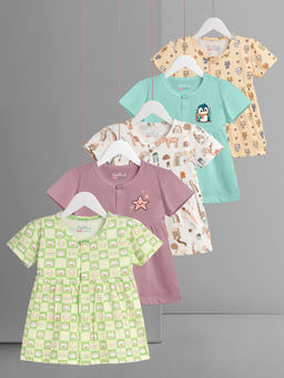HELLCAT - Multi-Color 100% Cotton Baby Frock Dress for Girls (Pack of 5)