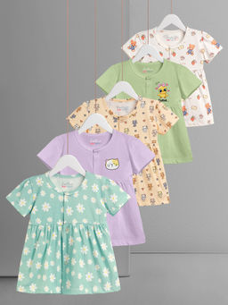 HELLCAT - Multi-Color 100% Cotton Baby Frock Dress for Girls (Pack of 5)