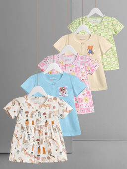HELLCAT - Multi-Color 100% Cotton Baby Frock Dress for Girls (Pack of 5)
