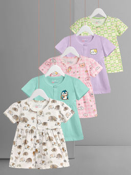 HELLCAT - Multi-Color 100% Cotton Baby Frock Dress for Girls (Pack of 5)