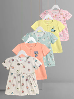 HELLCAT - Multi-Color 100% Cotton Baby Frock Dress for Girls (Pack of 5)