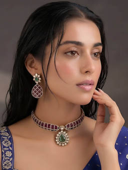 Auraa Trends - Ruby Pave Kundan Cuff Choker with Emerald Drop