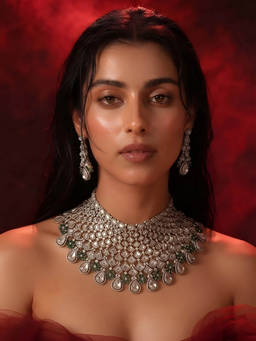 Auraa Trends - Kundan Net Choker Set with Emerald Floral Accents