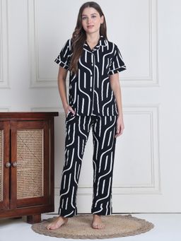 Secret Wish - Women Black Abstract Shirt with Pyjama (Set of 2)