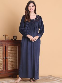 Secret Wish - Women Navy Blue Embroidered Nighty