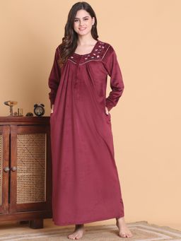 Secret Wish - Women Maroon Embroidered Nighty
