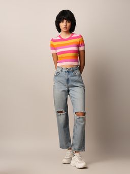 ONLY - Women Striped Viscose Blend Slim Fit Pink Crop T-Shirt