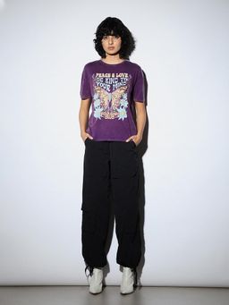 ONLY - Women Typography Cotton Regular Fit Purple T-Shirt