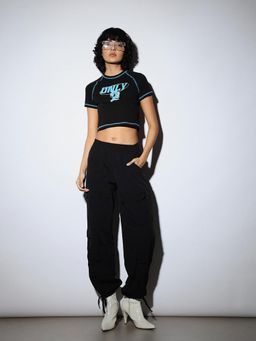 ONLY - Women Brand Logo Cotton Blend Regular Fit Black Crop T-Shirt