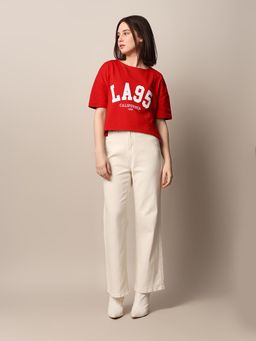 ONLY - Women Typography Printed Cotton Blend Boxy Fit Red T-Shirt