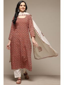 Biba - Orange Cotton Unstitched Suit (Set of 3)
