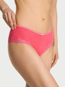 Victoria's Secret - Pink Lace Trim Cotton Bow Lace-Trim Cheeky Panty (XL)