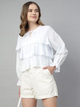 Sands of India - White Ruffled Tie-Neck Dobby Blouse