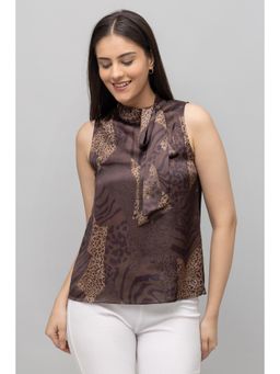 PURYS - Casual Animal Printed Neck Tie Top