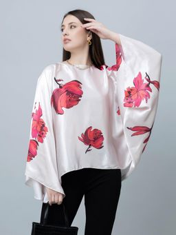 PURYS - Batwing Sleeves Satin Top White/Red